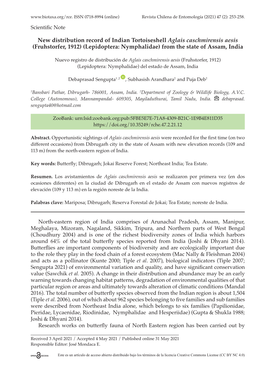 New Distribution Record of Indian Tortoiseshell Aglais Caschmirensis Aesis (Fruhstorfer, 1912) (Lepidoptera: Nymphalidae) from the State of Assam, India