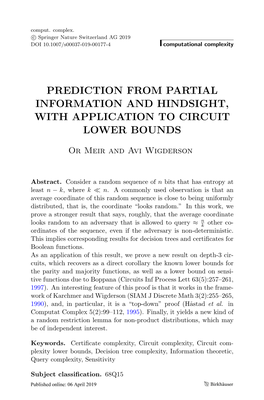 Prediction from Partial Information and Hindsight, with Application to Circuit Lower Bounds