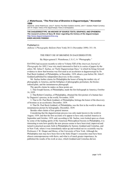 J. Waterhouse, “The First Use of Bromine in Daguerreotype,” November 1899 (Keywords: James Waterhouse, Julius F