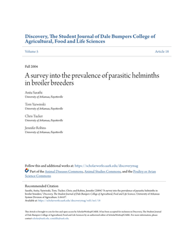 A Survey Into the Prevalence of Parasitic Helminths in Broiler Breeders Anita Sarathi University of Arkansas, Fayetteville