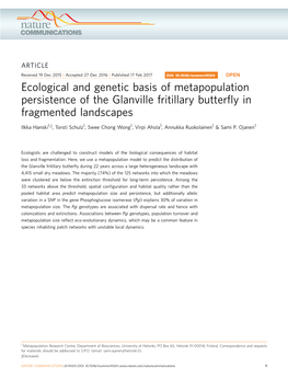 Ecological and Genetic Basis of Metapopulation Persistence of the Glanville Fritillary Butterﬂy in Fragmented Landscapes