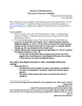 Kuntres K'sheleg Yavinu the Laws of Snow on Shabbat