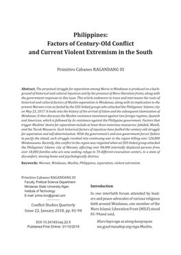 Philippines: Factors of Century-Old Conϐlict and Current Violent Extremism in the South