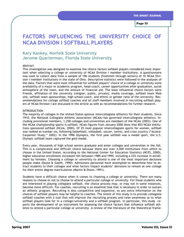 Factors Influencing the University Choice of Ncaa Division I Softball Players