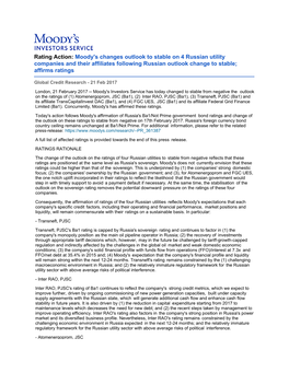 Rating Action: Moody's Changes Outlook to Stable on 4 Russian Utility Companies and Their Affiliates Following Russian Outlook Change to Stable; Affirms Ratings