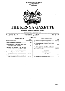 THE KENYA GAZETTE Published by Authority of the Republic of Kenya (Registered As a Newspaper at the G.P.O.)