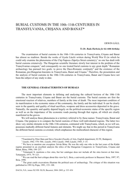 BURIAL CUSTOMS in the 10Th–11Th CENTURIES in TRANSYLVANIA, CRIŞANA and BANAT*