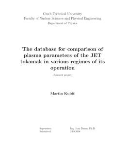 The Database for Comparison of Plasma Parameters of the JET Tokamak in Various Regimes of Its Operation