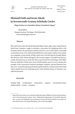 Minimal Faith and Irenic Ideals in Seventeenth-Century Scholarly Circles Hugo Grotius As a Guardian of Isaac Casaubon’S Legacy*