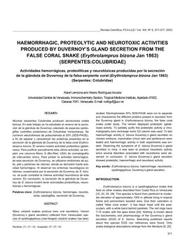 HAEMORRHAGIC, PROTEOLYTIC and NEUROTOXIC ACTIVITIES PRODUCED by DUVERNOY's GLAND SECRETION from the FALSE CORAL SNAKE (Erythro