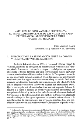 «Així Com De Bons Vassalls Se Pertany». El Endeudamiento Censal De Las Villas Del Camp De Tarragona Al Servicio De La Mitra (Finales Del Siglo Xiv)