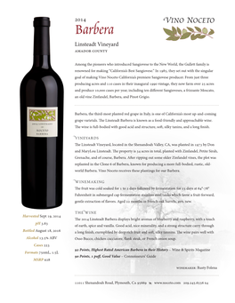 Barbera Linsteadt Vineyard Amador County