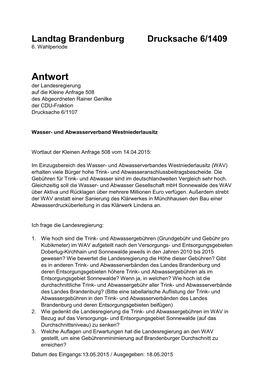 Antwort Der Landesregierung Auf Die Kleine Anfrage 508 Des Abgeordneten Rainer Genilke Der CDU-Fraktion Drucksache 6/1107