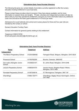 Oxfordshire Early Years Provider Directory the Following List Gives