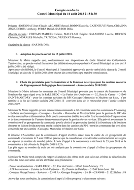 Compte-Rendu Du Conseil Municipal Du 16 Août 2018 À 18 H 30