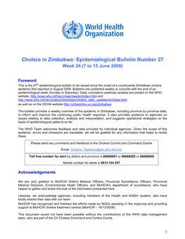 Cholera in Zimbabwe: Epidemiological Bulletin Number 27 Week 24 (7 to 13 June 2009)