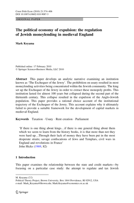 The Regulation of Jewish Moneylending in Medieval England