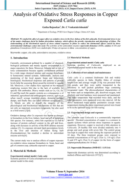 Analysis of Oxidative Stress Responses in Copper Exposed Catla Catla