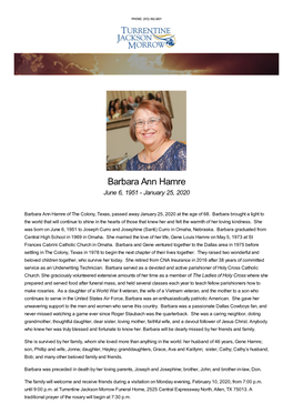 Barbara Ann Hamre June 6, 1951 - January 25, 2020