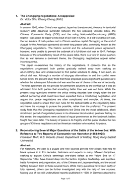 1. the Chongqing Negotiations: a Reappraisal Dr. Victor Shiu Chiang Cheng (ANU) 2. Reconsidering Several Major Questions Of