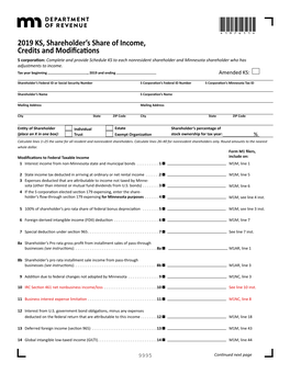 2019 KS, Shareholder's Share of Income, Credits and Modifications