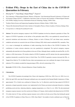 Evident PM2.5 Drops in the East of China Due to the COVID-19 2 Quarantines in February