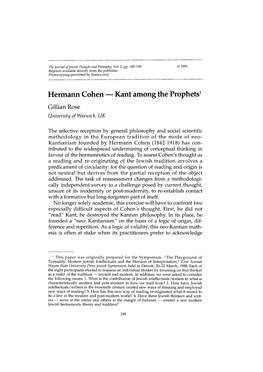 Hermann Cohen - Kant Among the Prophets1