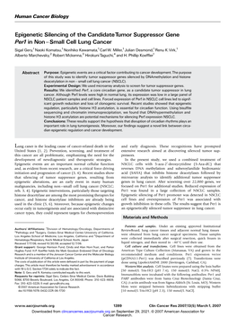 Epigenetic Silencing of the Candidatetumor Suppressor Gene Per1 in Non ^ Small Cell Lung Cancer Sigal Gery,1Naoki Komatsu,1Norihiko Kawamata,1Carlw