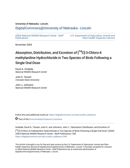 Absorption, Distribution, and Excretion of [14C]-3-Chloro-4 Methylaniline Hydrochloride in Two Species of Birds Following a Single Oral Dose