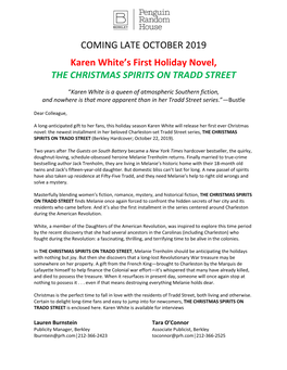 COMING LATE OCTOBER 2019 Karen White's First Holiday Novel, the CHRISTMAS SPIRITS on TRADD STREET
