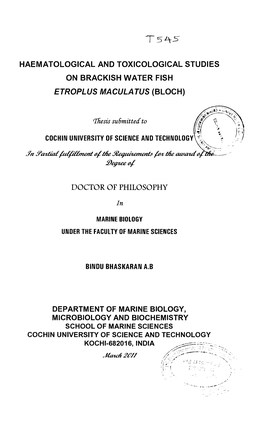 Haematological and Toxicological Studies on Brackish Water Fish Etroplus Maculatus (Bloch)