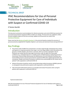 IPAC Recommendations for Use of Personal Protective Equipment for Care of Individuals with Suspect Or Confirmed COVID‑19