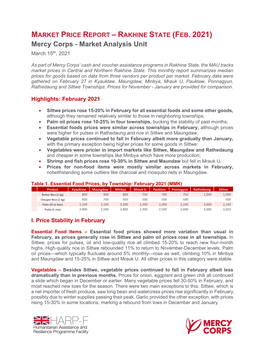 MARKET PRICE REPORT – RAKHINE STATE (FEB. 2021) Mercy Corps - Market Analysis Unit March 15Th, 2021