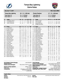 Tampa Bay Lightning Game Notes