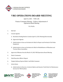 VRE OPERATIONS BOARD MEETING April 16, 2021 – 9:00 A.M