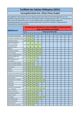 Tarifblatt Der Sektion Wildspitze (2021) Tourengebiet Bezirk Imst - Ötztal, Pitztal, Gurgltal
