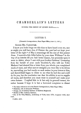 Chamberlain's Letters During the Reign of Queen Elizabeth