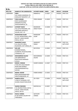 Office of the Controller of Examinations Jamia Millia Islamia New Delhi-25 List of Annual Convocation Examinations-2016 Roll No
