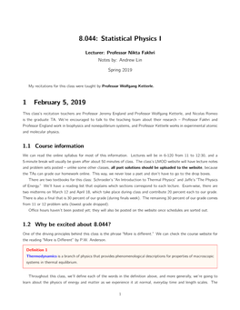 8.044: Statistical Physics I 1 February 5, 2019