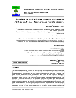 Positions on and Attitudes Towards Mathematics of Ethiopian Female-Teachers and Female-Students