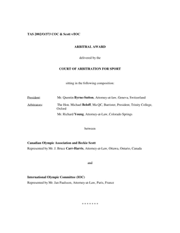 TAS 2002/O/373 COC & Scott V/IOC ARBITRAL AWARD Delivered By