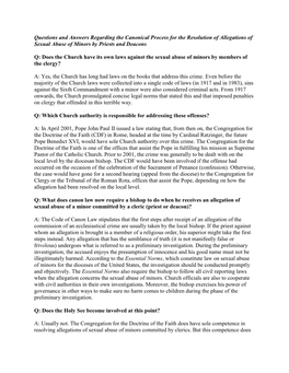 Questions and Answers Regarding the Canonical Process for the Resolution of Allegations of Sexual Abuse of Minors by Priests and Deacons