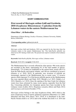 Scyphozoa: Rhizostomeae: Cepheidae) from the Lebanese Waters in the Eastern Mediterranean Sea