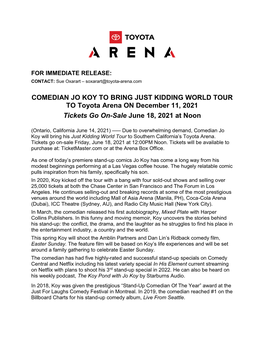 COMEDIAN JO KOY to BRING JUST KIDDING WORLD TOUR to Toyota Arena on December 11, 2021