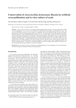 Conservation of Anoectochilus Formosanus Hayata by Artificial Cross-Pollination and in Vitro Culture of Seeds