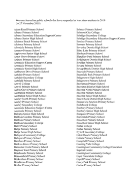 Western Australian Public Schools That Have Suspended at Least Three Students in 2019 (To 27 November 2019) Adam Road Primary S
