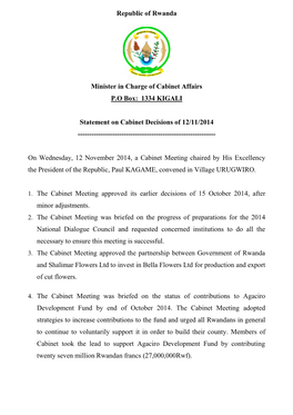 1334 KIGALI Statement on Cabinet Decisions of 12/11/2014