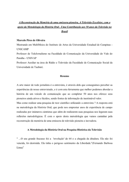 A Reconstrução Da Memória De Uma Emissora Pioneira, a Televisão Excelsior, Com O Apoio Da Metodologia Da História Oral