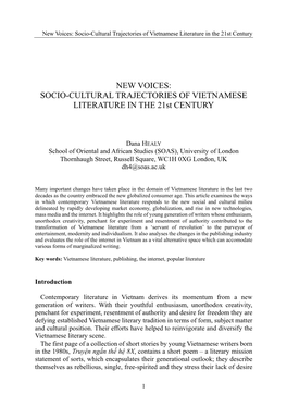 New Voices: Socio-Cultural Trajectories of Vietnamese Literature in the 21St Century