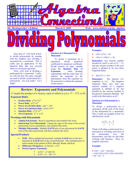 Exponents and Polynomials Exponent Is Defined to Be One Divided by the Nonzero Number to N 2 a Means the Product of N Factors, Each of Which Is a (I.E